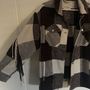 Stoosh Brown and White Plaid Fringe Shacket